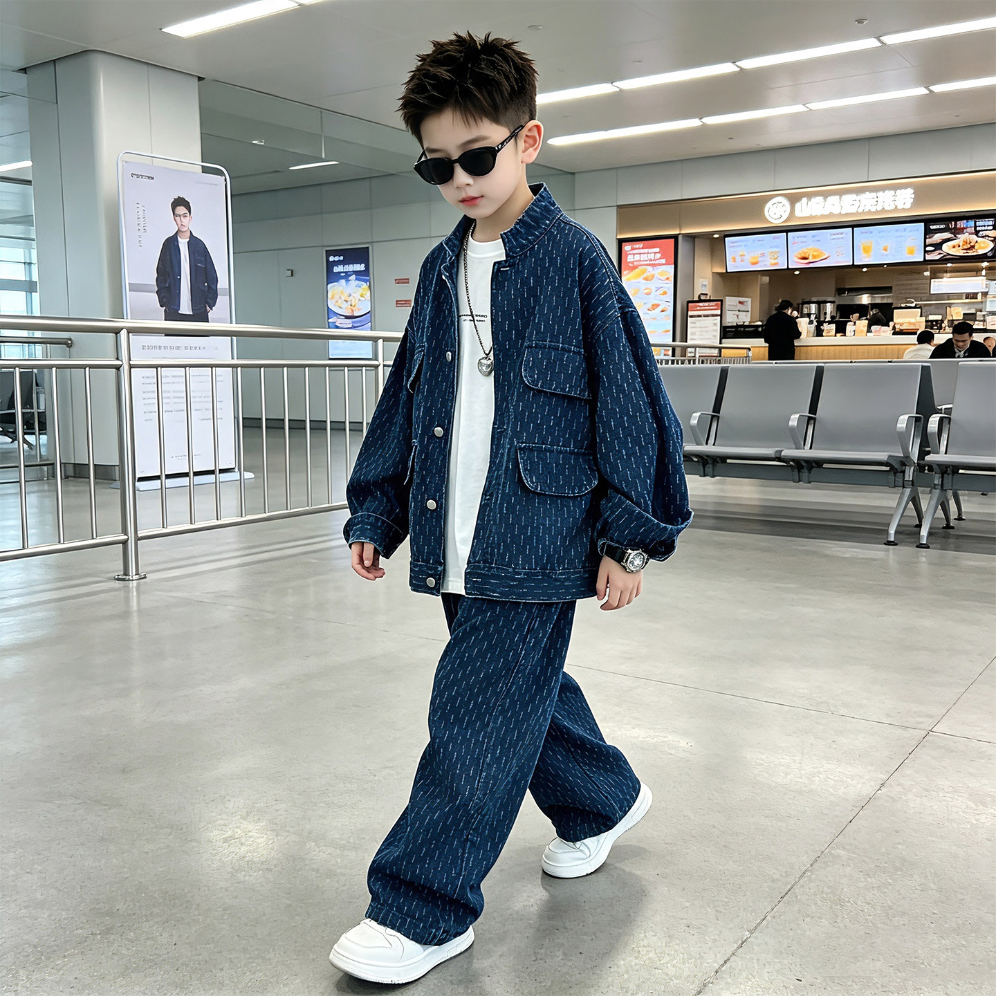 男童小香风牛仔两件套春秋多袋盖
