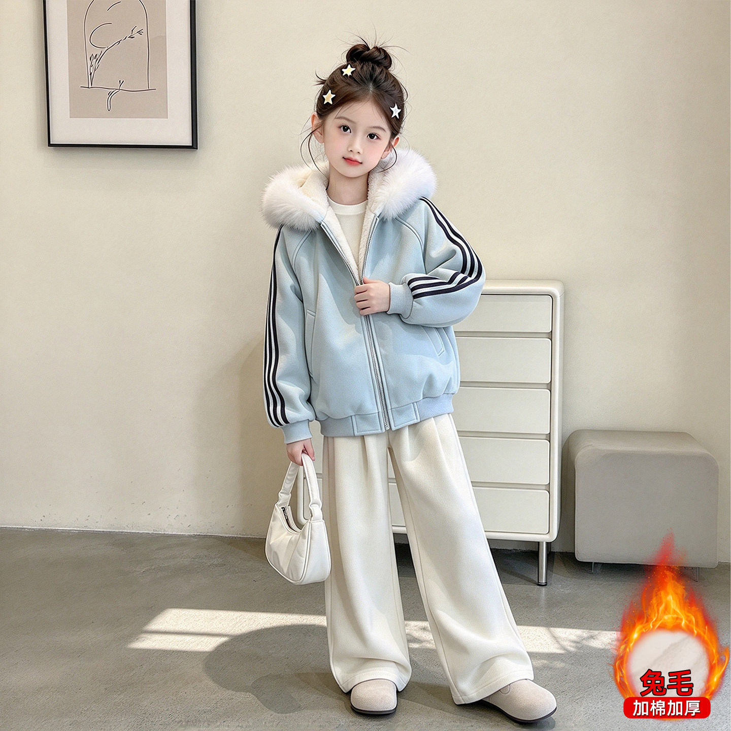 女童连帽加绒加厚毛领可拆条纹棉