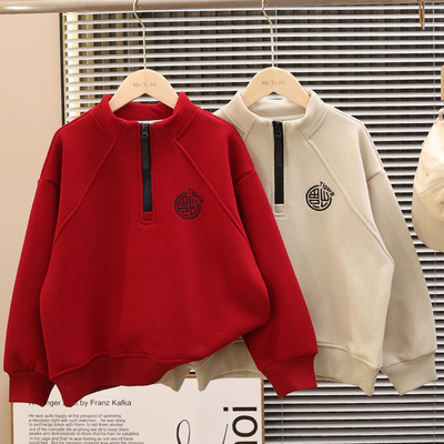 男童冬季加绒加厚半拉链立领卫衣