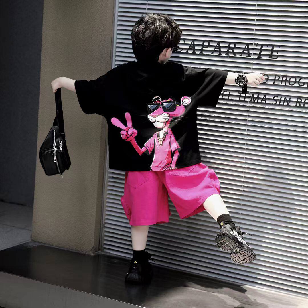 男童套装2025新款夏季墨镜粉红豹子卡通印花短袖宽松品质两件套