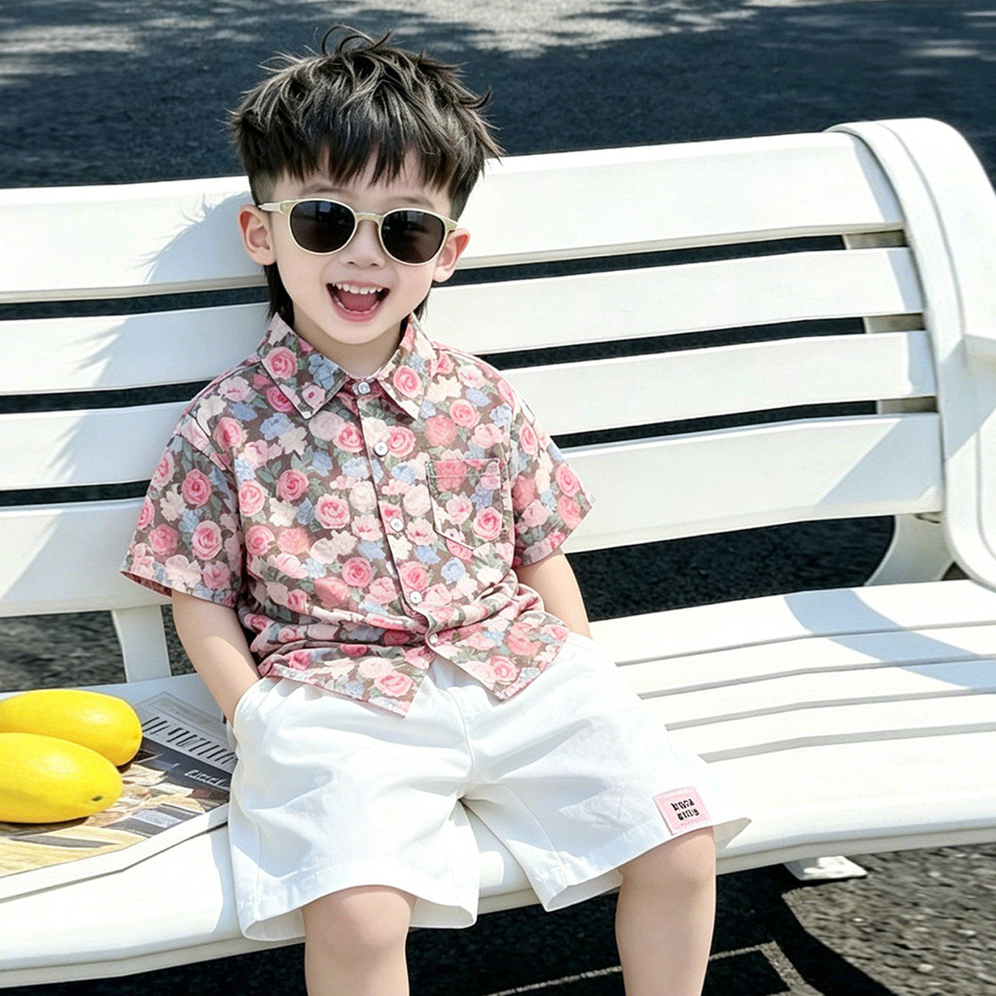 男童夏季碎花粉衬衫短裤两件套
