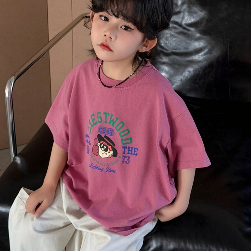 休闲风宽松短袖T恤男童粉色靓色圆领卡通印花纯棉百搭体恤夏季