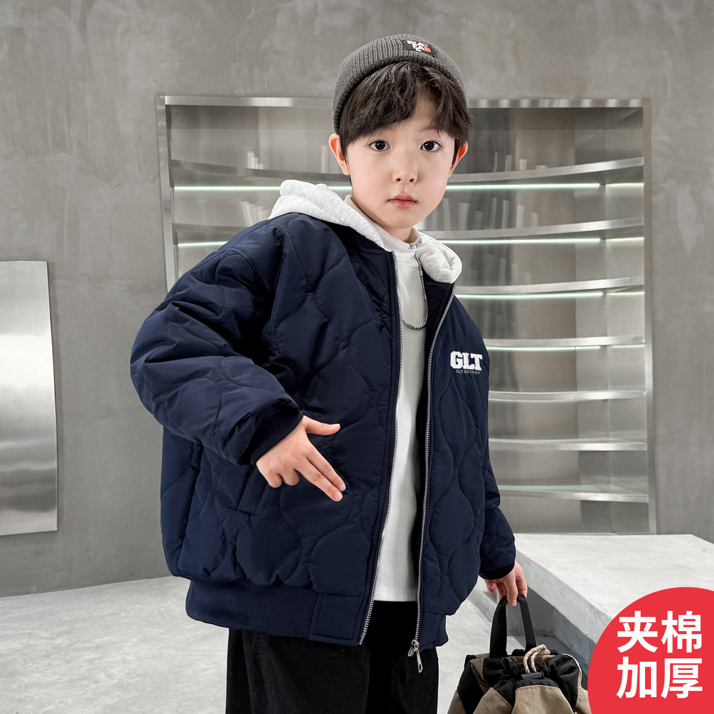 男童加厚菱格连帽拉链保暖棉服