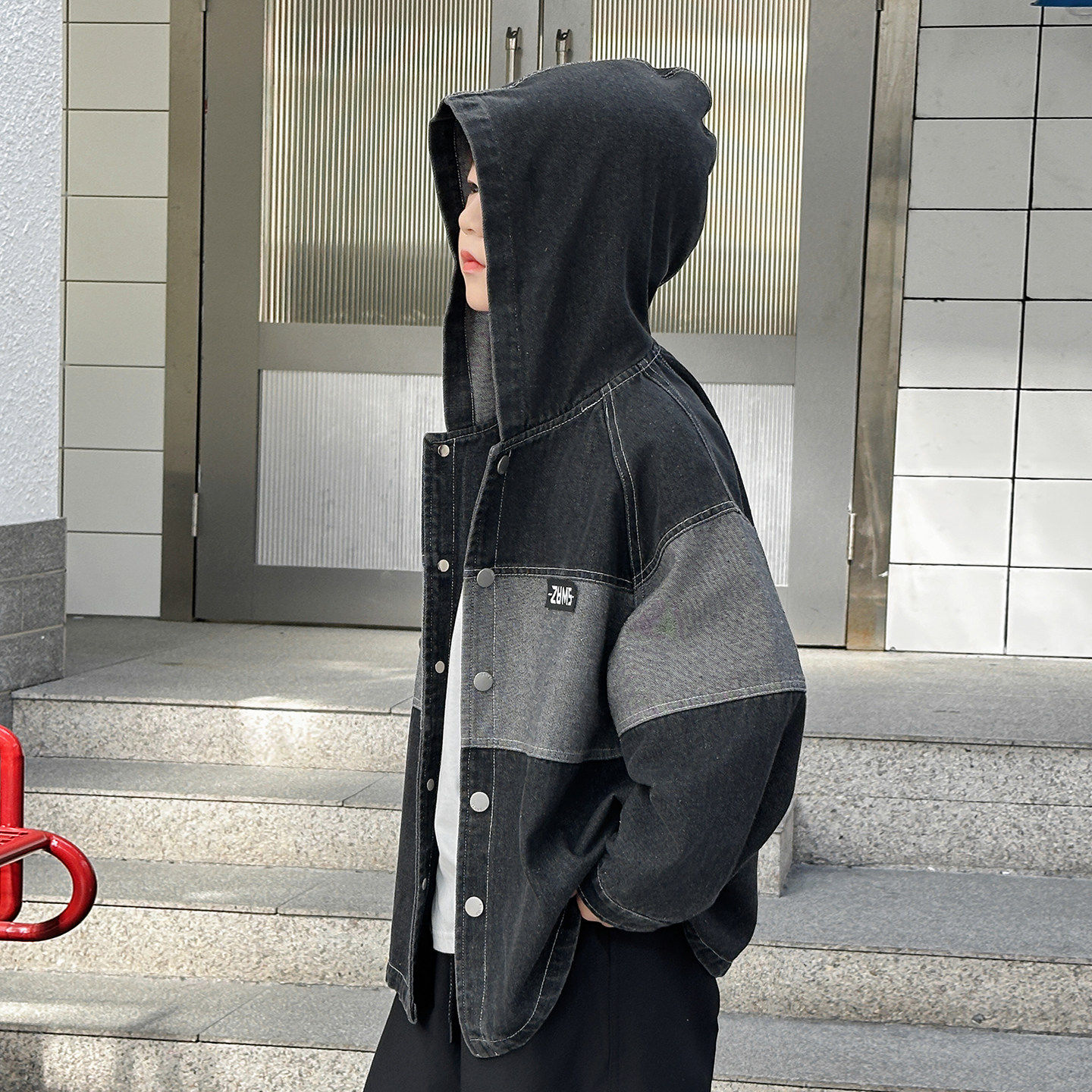男童春秋连帽拼接牛仔夹克