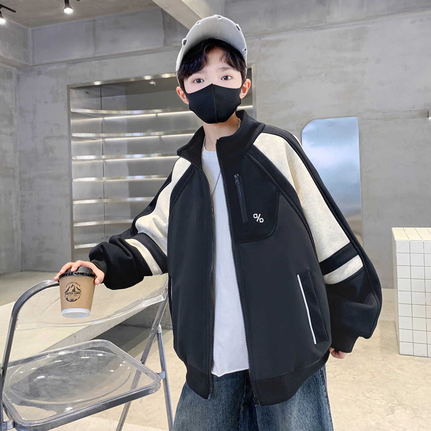 男童春秋立领撞色卫衣拉链夹克