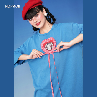 短袖 复古印花宽松大码 T恤裙女夏 爱心猫猫重工花边小猫美式 NOPMOB