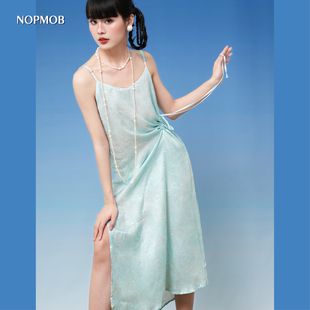 NOPMOB 度假风气质原创设计小众设计感抽绳吊带连衣裙夏 碎冰冰蓝