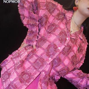 NOPMOB 破碎千禧梦 玫红色复古做旧格子原创设计牛仔衬衫长袖秋冬