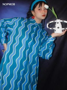 微胖MM显瘦衬衫 宽松大码 连衣裙 2023新款 NOPMOB复古波浪条纹女秋装