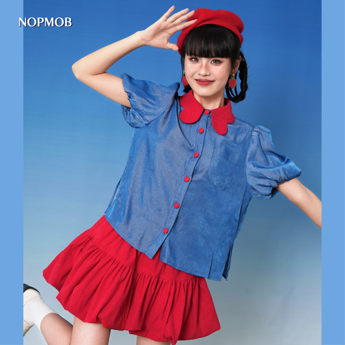 NOPMOB红蓝牛仔拼接短袖衬衫