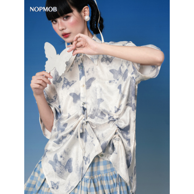 NOPMOB 海盐蝴蝶 缎面解结构不规则原创小众设计感短袖衬衫女夏