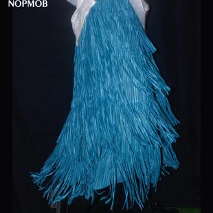 NOPMOB A字重工小众设计感火龙果色流苏蛋糕半身长裙女 绿幕瀑布