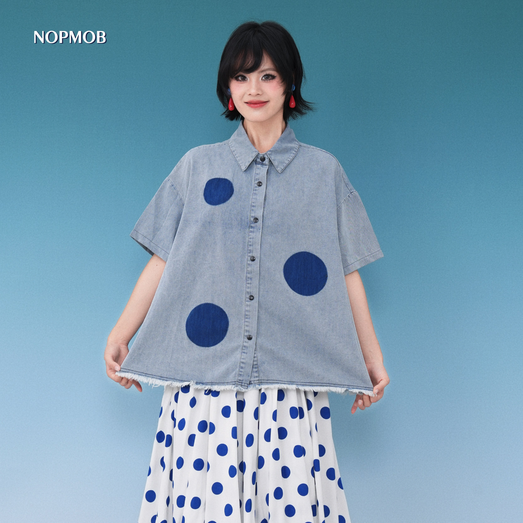 NOPMOB 波点牛仔蓝 水洗做旧大圆点宽松弛慵懒设计感短袖衬衫
