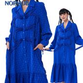 NOPMOB 连衣裙 长袖 蓝色闪蝶 原创设计感花边宽松显瘦A字型中长款