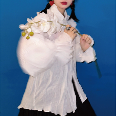 NOPMOB 白色木槿花 原创设计荷叶娃娃领褶皱灯笼袖设计感复古衬衫