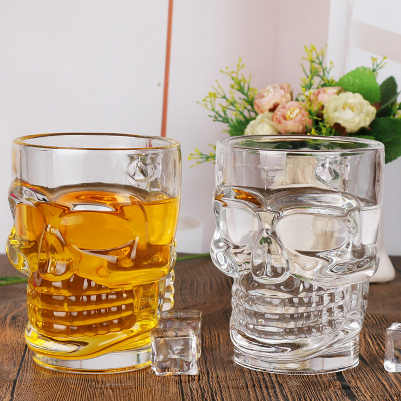 青苹果加厚透明玻璃骷髅杯啤酒杯个性带手把啤酒杯扎啤杯饮料杯