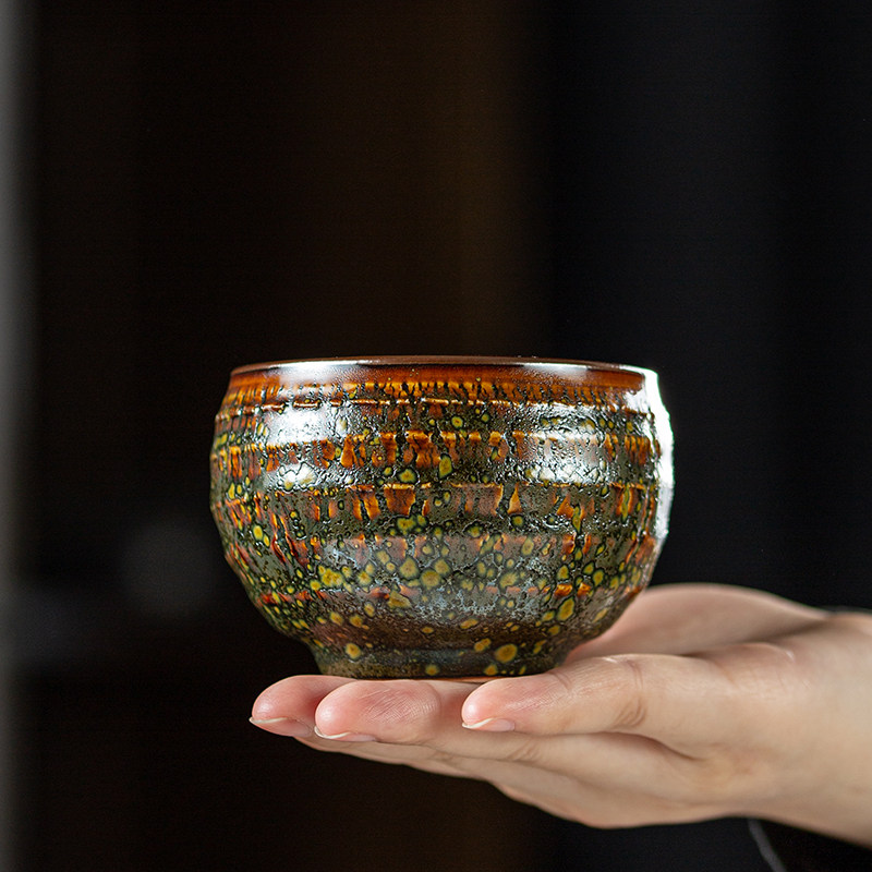 窑变绾红天目建盏手工复古风总裁杯陶瓷茶杯主人杯粗陶品茗杯单杯