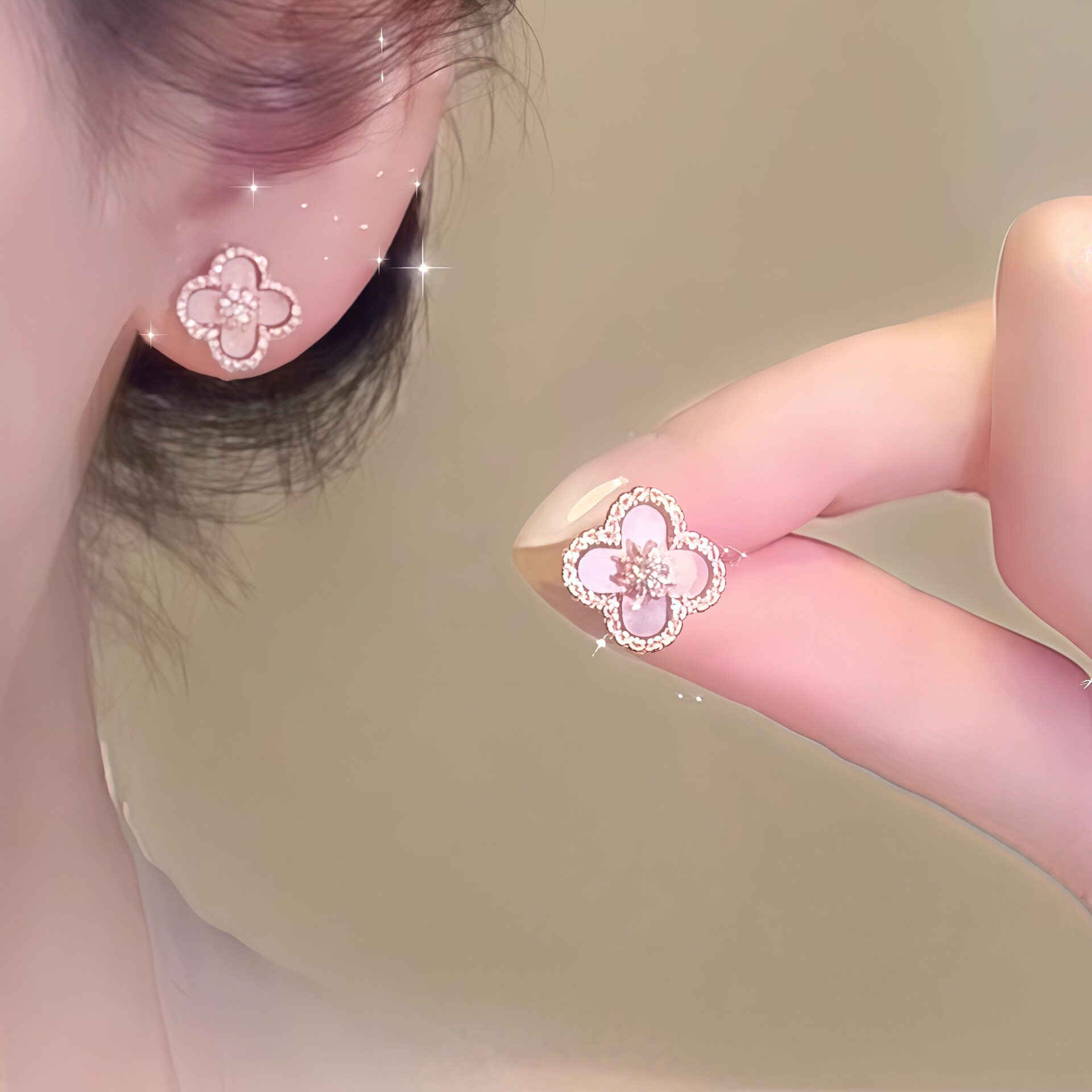 S925银针粉色四叶草耳钉清新