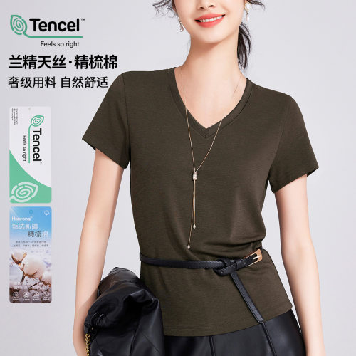 莱赛尔天丝面膜短袖v领T恤女夏新款2025弹力气质休闲显瘦凉感上衣