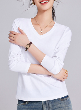 80支丝光棉长袖v领白色T恤女春秋款宽松外穿上衣精梳棉内搭打底衫