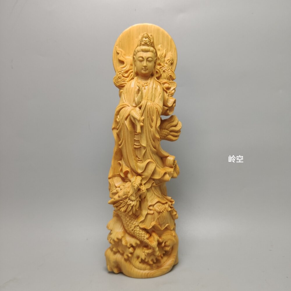 黄杨木雕崖柏御龙观音手工雕刻龙护观音书房茶台摆件禅意家居装饰