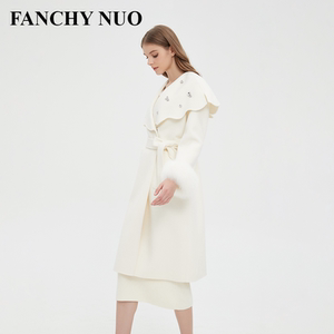 FANCHY NUO 米白色双面呢大衣女 2023秋冬新款修身韩版高级感外套