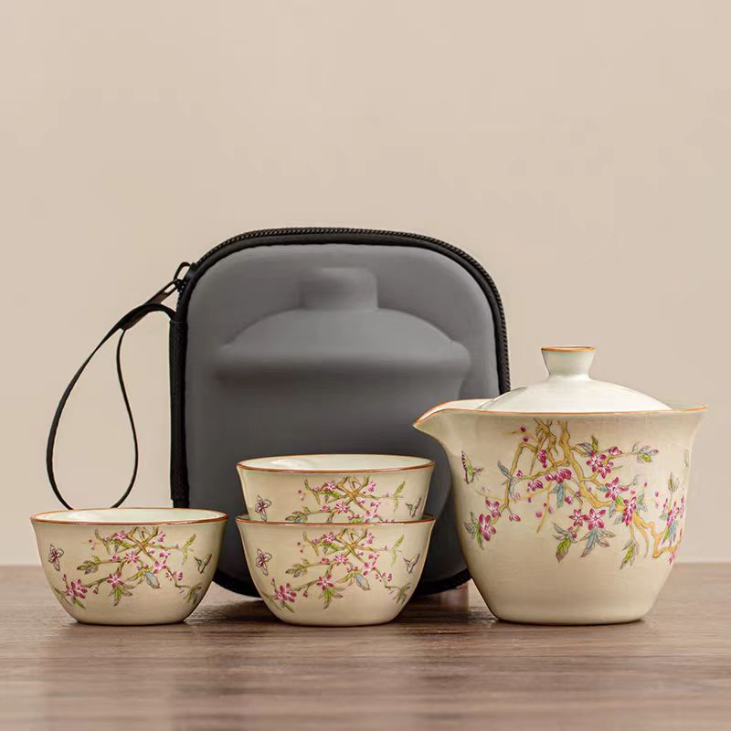 随身旅行茶具套装又见造物汝窑紫藤花一壶三杯便携式快客杯