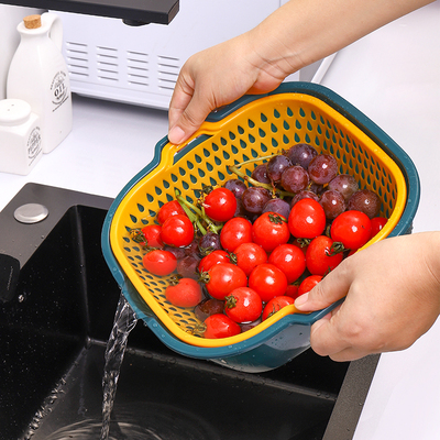 【6件套】洗菜盆沥水篮塑料洗菜篓双层方形洗菜筐子洗水果盘客