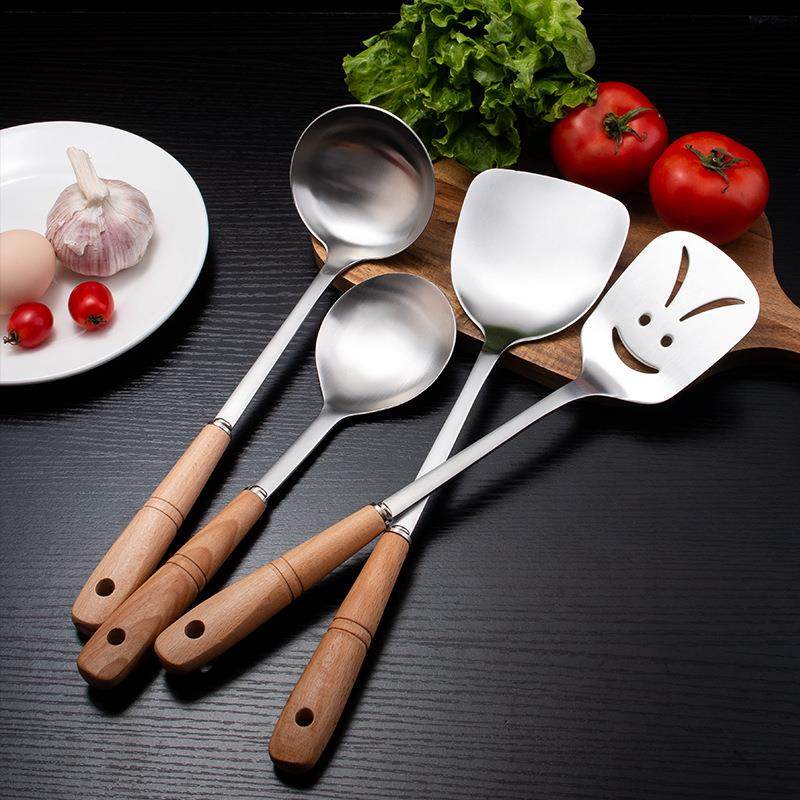 新款直销304不锈钢锅铲木柄炒菜铲子汤勺厨具套装漏勺子炒勺加厚