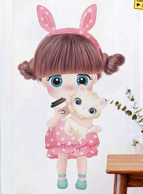 新款直销旅康CH46059小女孩和猫咪墙贴温馨女孩卧室床头墙壁装饰
