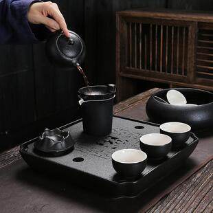 直销原矿黑陶功夫茶具套装 新款 家用轻奢带茶盘冲茶磨砂粗陶沏茶壶