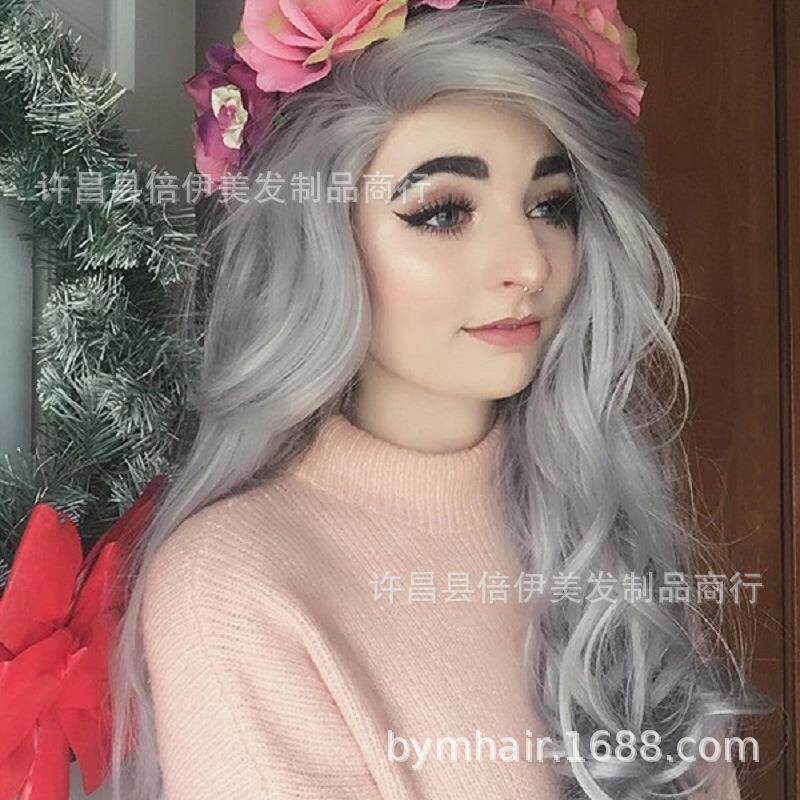 新款直销外贸新款款假发女中分长卷发时尚奶奶灰化纤头套跨境假发