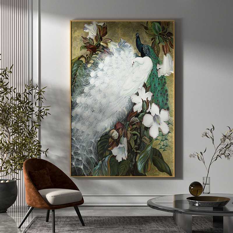 新款直销现代轻奢客厅玄关装饰画简美白色孔雀百鸟齐放花背景墙壁图片