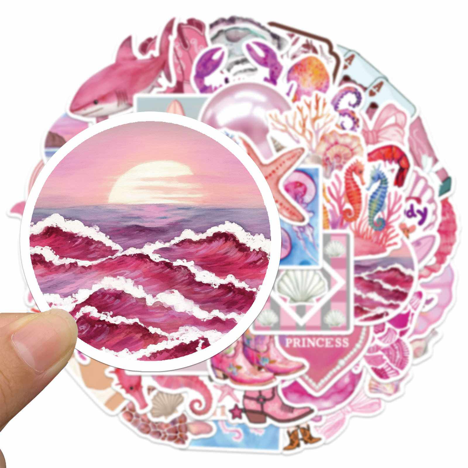 新款直销50张粉色梦幻海岸少女心贴纸DIY装饰行李箱水杯滑板车贴