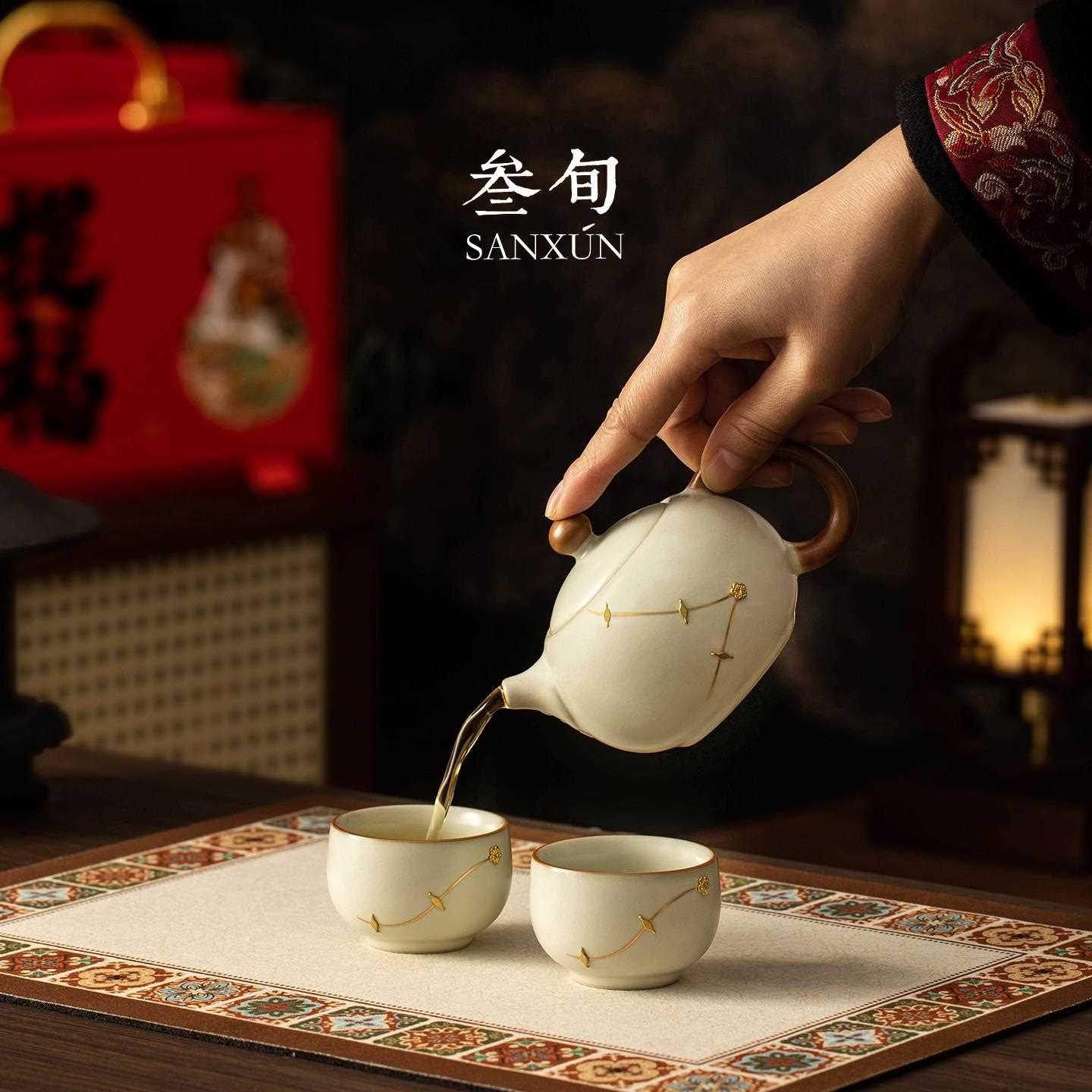 新款直销叁旬锔钉汝窑茶壶茶杯茶具套装提福礼盒送长辈生日新年实