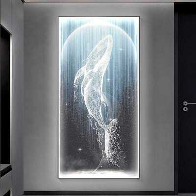 新款直销鲸鱼玄关装饰画竖版现代轻奢LED灯壁画大气抽象玄幻走廊