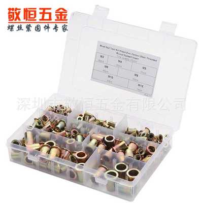 新款直销300pcs M3-M12 外贸跨境碳钢镀彩锌竖纹平头拉铆螺母组合