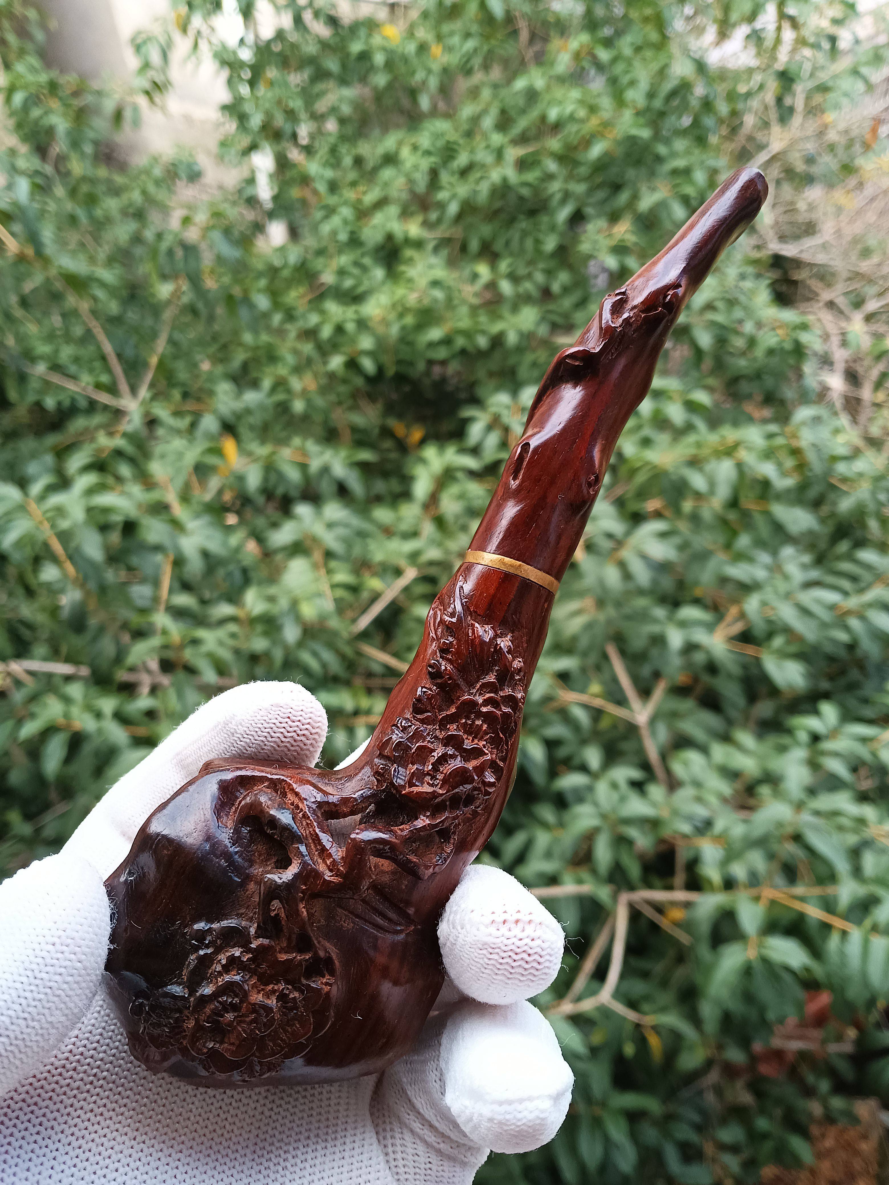 木雕工艺烟斗雕刻梅花红木烟嘴烟具老挝大红酸枝送礼收藏鉴赏把玩