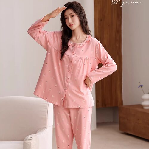 绮宇娜睡衣春秋季纯棉长袖开衫加肥加大码中老年妈妈家居服套装