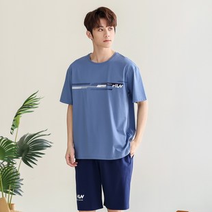 绮宇娜男士睡衣夏季短袖短裤拉架纯棉圆领简约薄款家居服套装