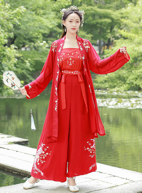 布许宋制汉服刺绣花梅妃三件套宋裤长褙子吊带抹胸古装大码绿色春