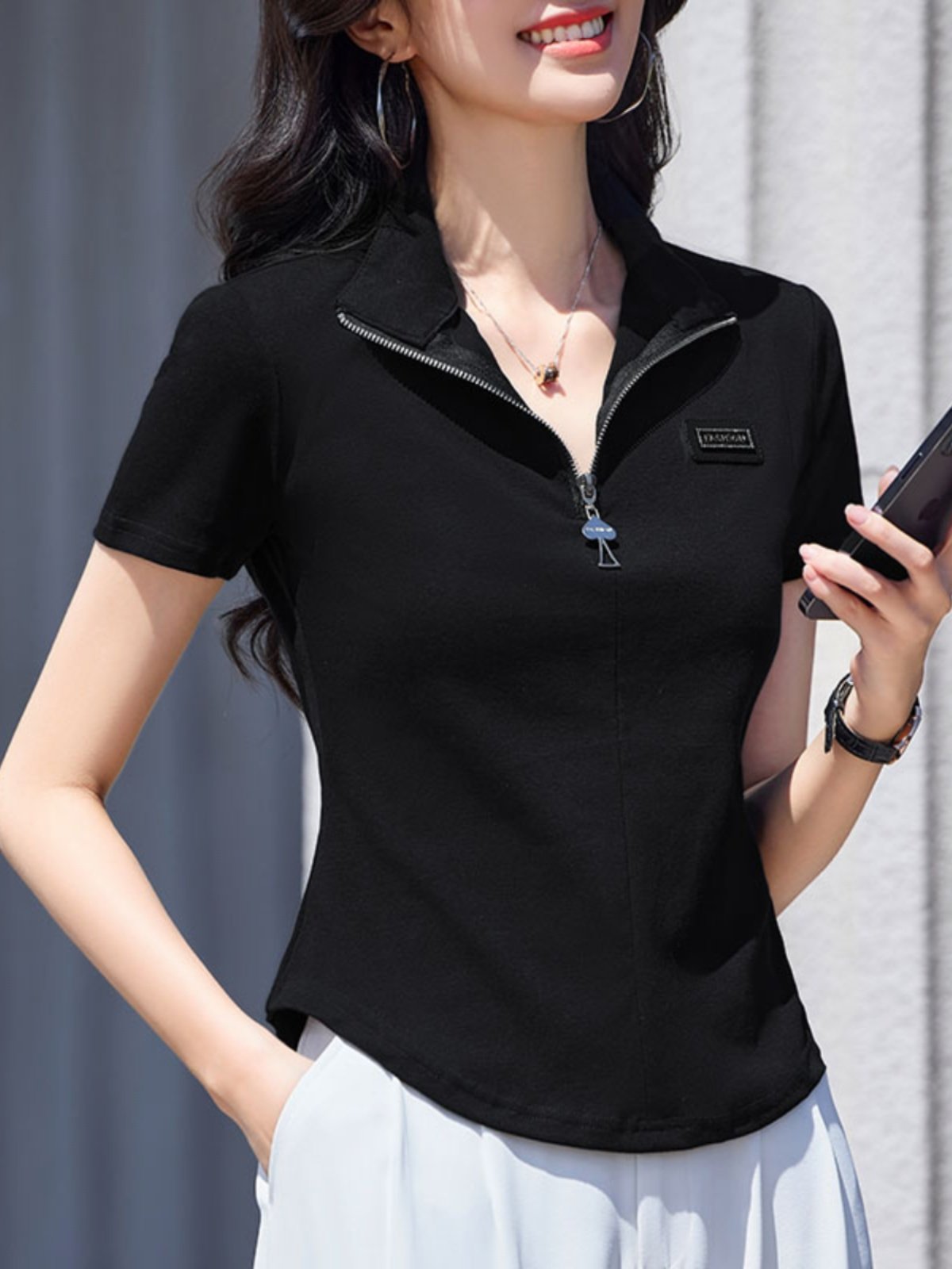 黑色半开领短袖t恤女2024夏季新款正肩拉链修身百搭半袖上衣体恤