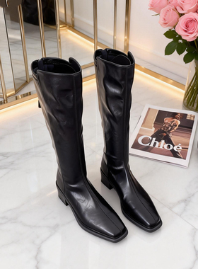 安妮黑豹正品巨好看法式增高瘦瘦长筒靴子女方头不过膝骑士高筒靴