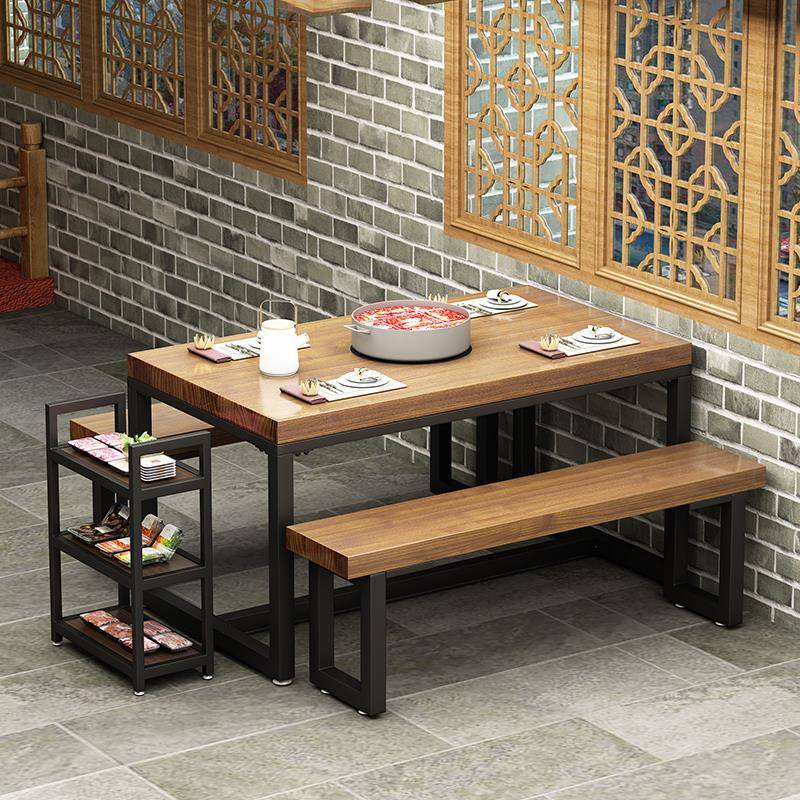 工业风商用餐饮火锅店铁艺实木餐桌椅组合食堂面馆长方形长桌长凳