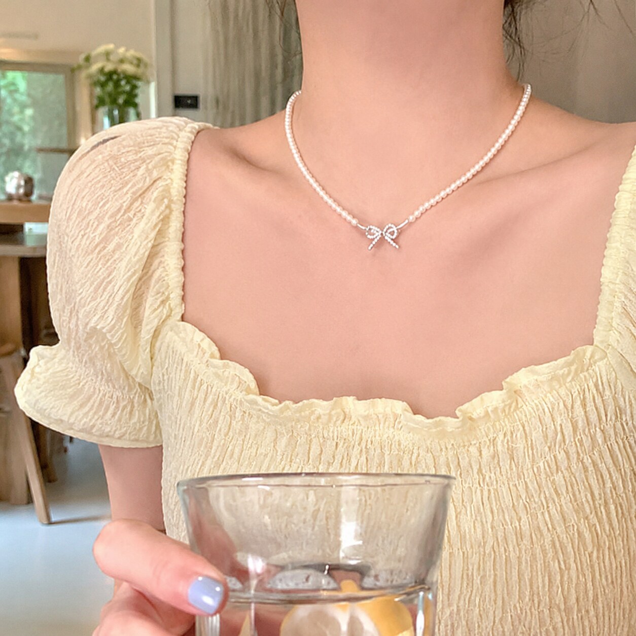 不掉色蝴蝶结珍珠锁骨链女百搭