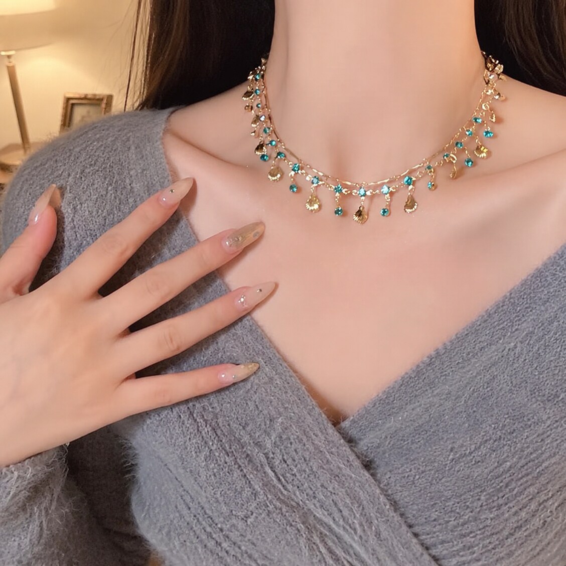 不掉色蓝钻水滴流苏项链显白百搭