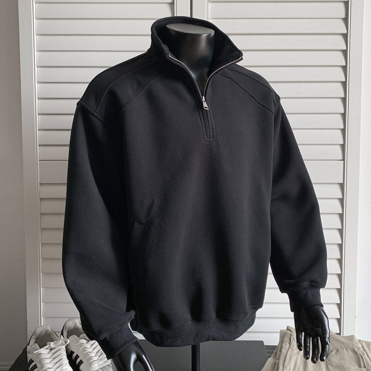 半拉链拼接翻领卫衣男春秋重磅休闲内搭打底衫美式正肩设计感上衣