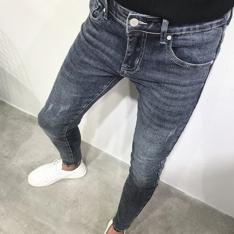 网红裤子男潮牌秋季新款修身九分小脚裤紧身牛仔裤精神小伙九分裤
