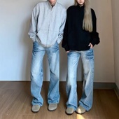 美式 子 微喇长裤 高街vibe风闪电纹小众设计感水洗浅蓝色牛仔裤 男款