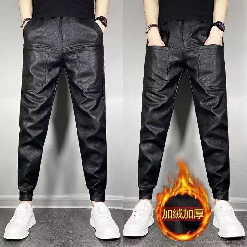 秋冬款休闲弹力百搭机车PU皮裤男潮牌加绒加厚外卖骑行保暖小脚裤
